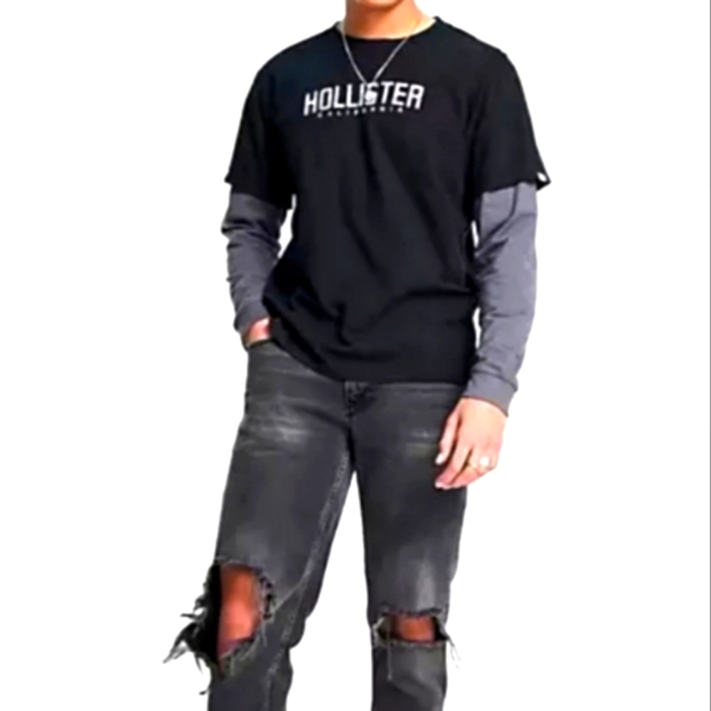 (3/$25) Hollister Black T-shirt w/ Grey Undersleeves - Picture 2 of 5